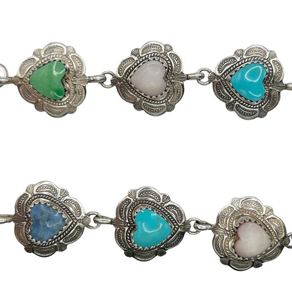 Quoc Turquoise QTC 925 Sterling Silver Multi-Stone Heart Link 7.75" Bracelet - Picture 4 of 6